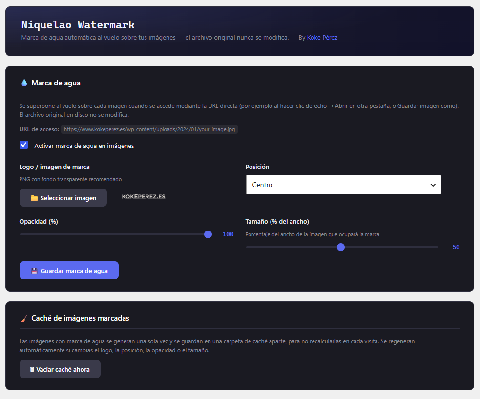Settings — enable watermark, select logo, position, opacity and size