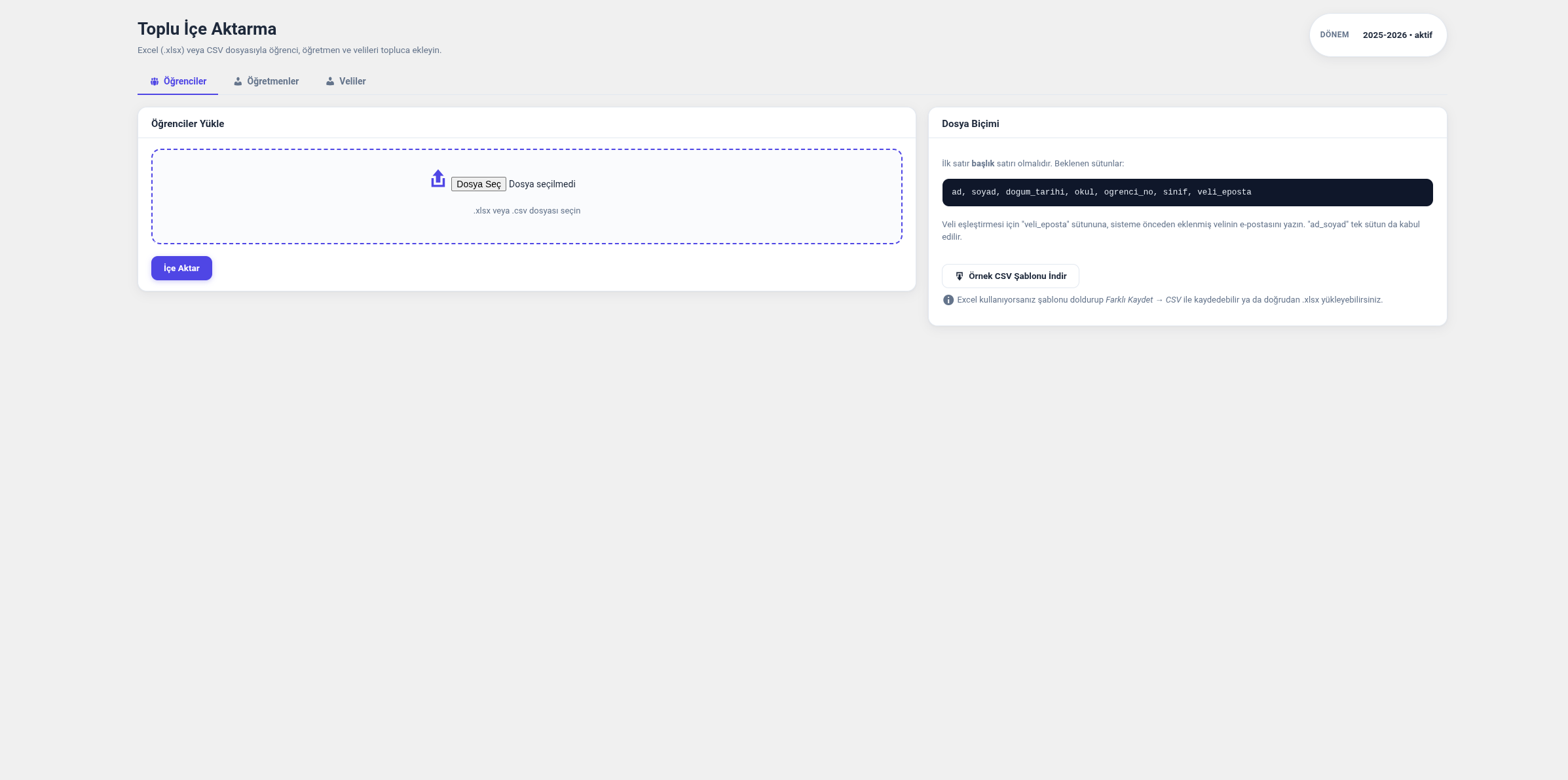 Bulk import — add students, teachers or parents from a CSV/Excel file.