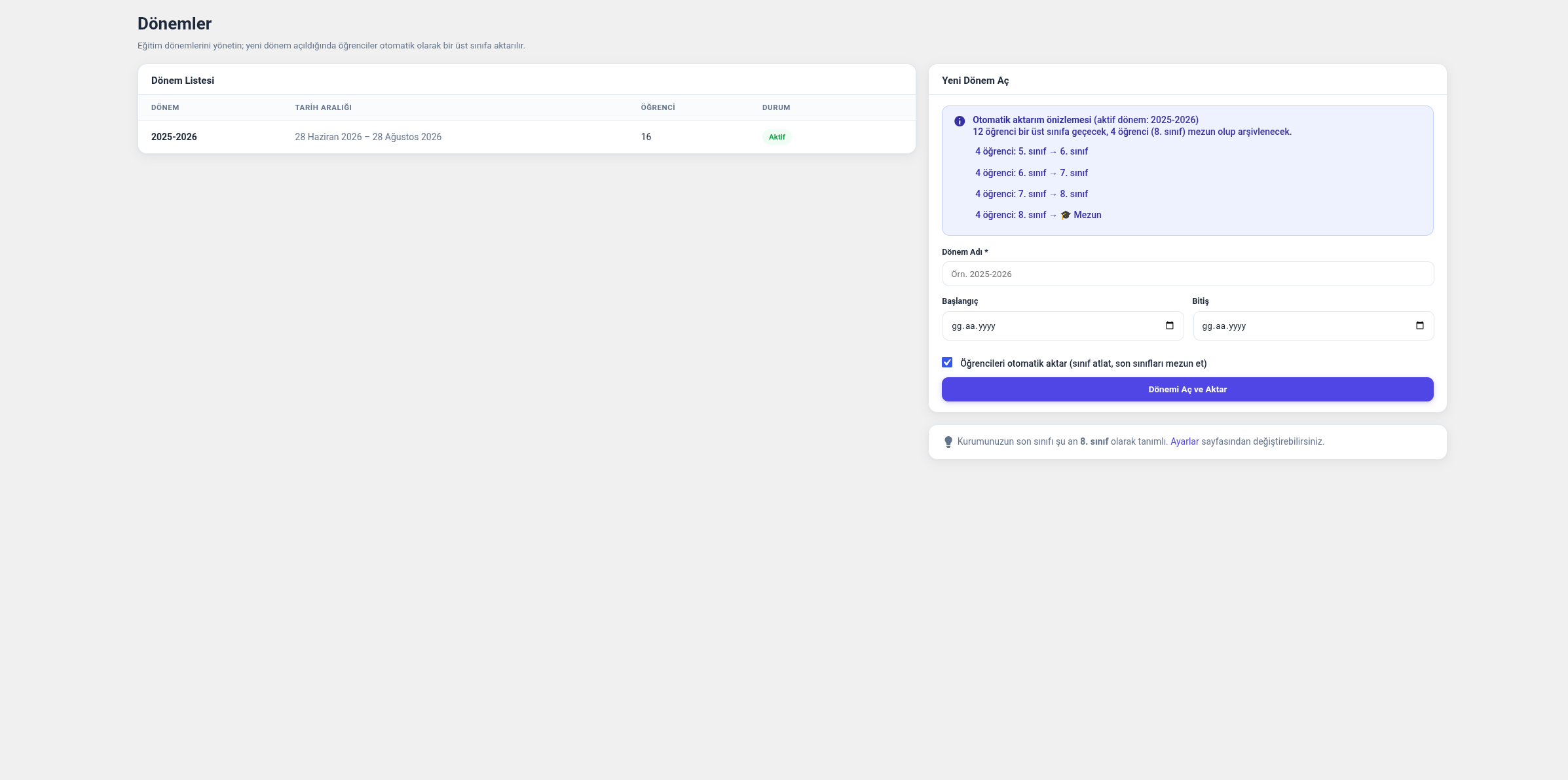 Terms page — manage academic terms and switch the active one.