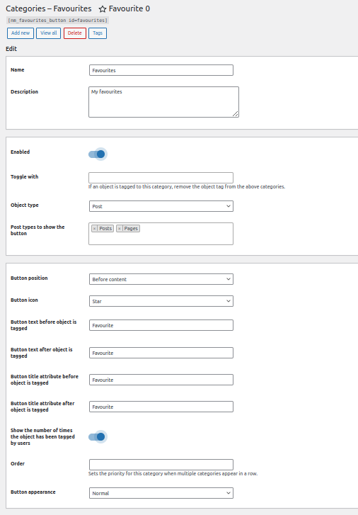 Settings for creating a favourite category.