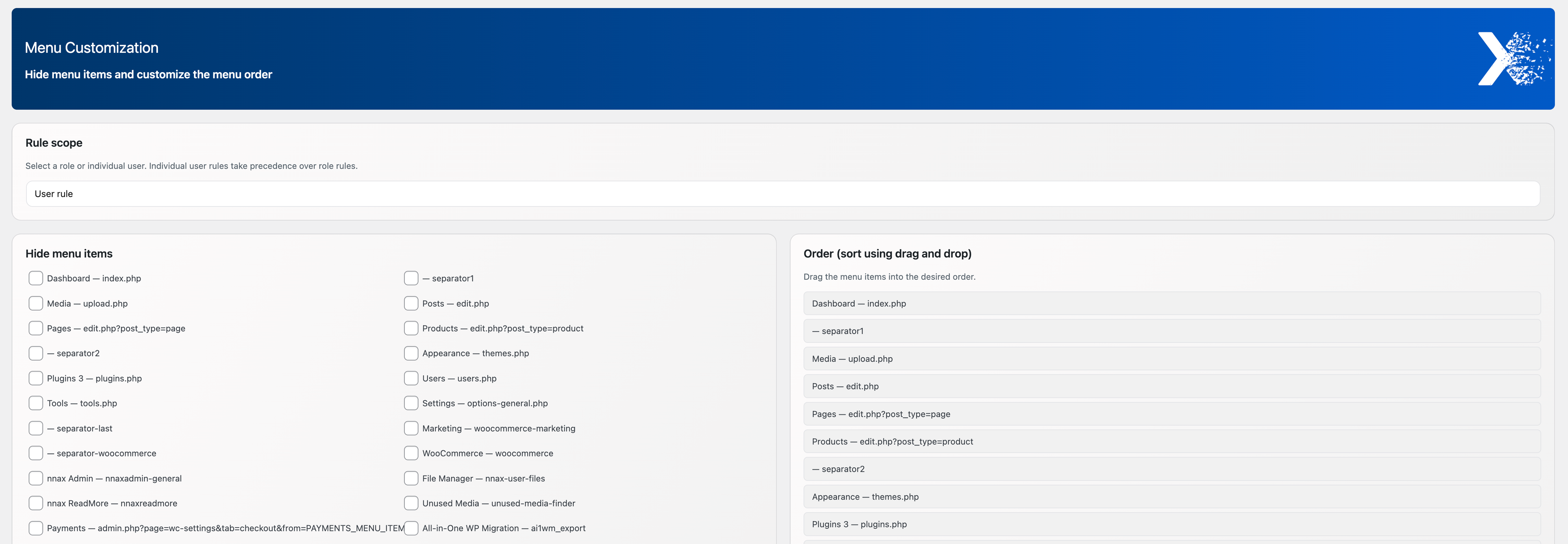 Central plugin dashboard with access to the main customization modules
