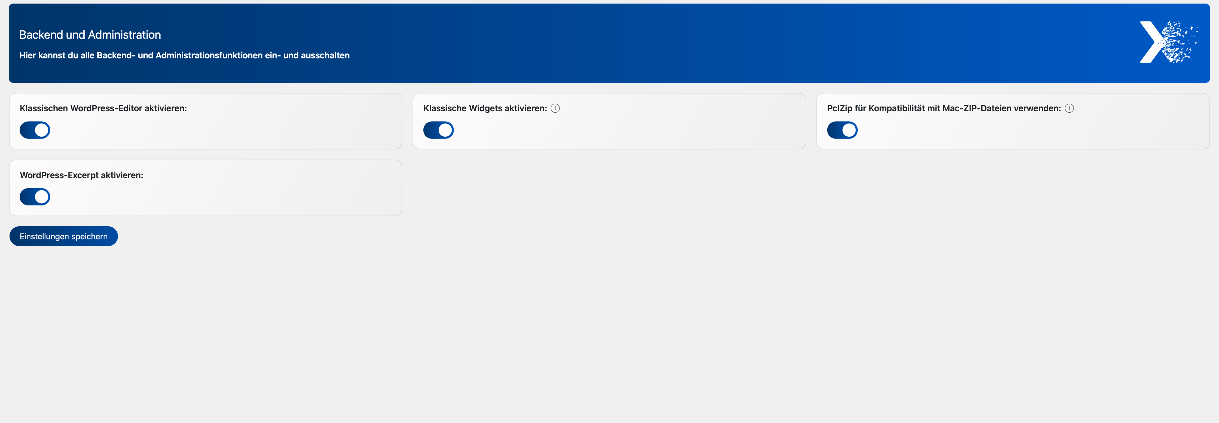 Administration settings page with classic editor, widgets, ZIP compatibility, and other backend options.