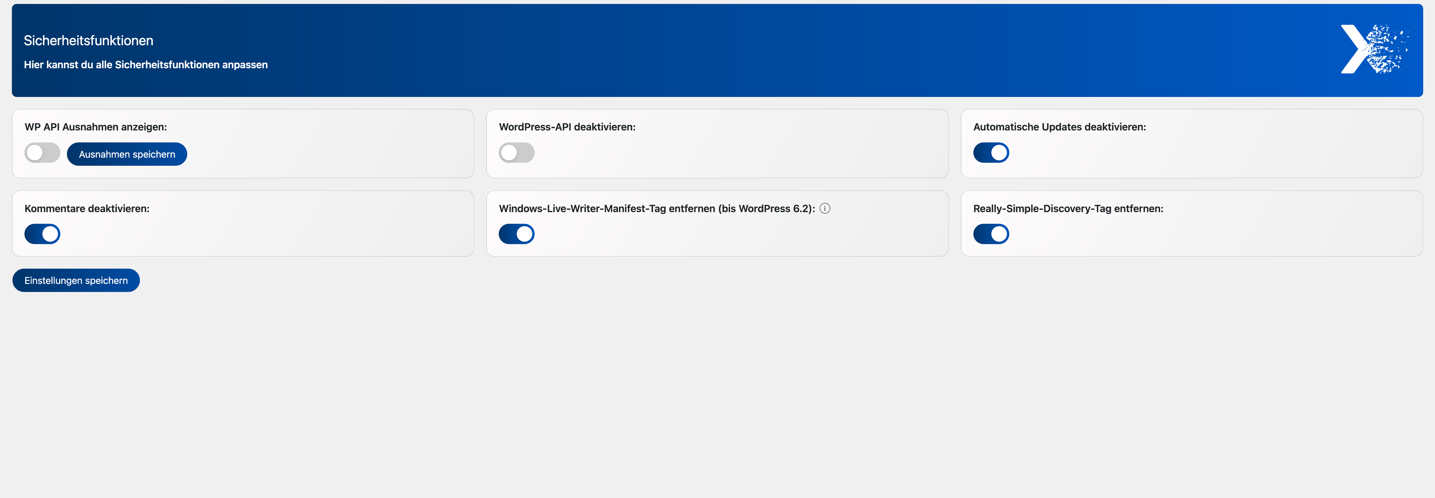 Security settings page with controls for comments, API access, metadata, and upload types.