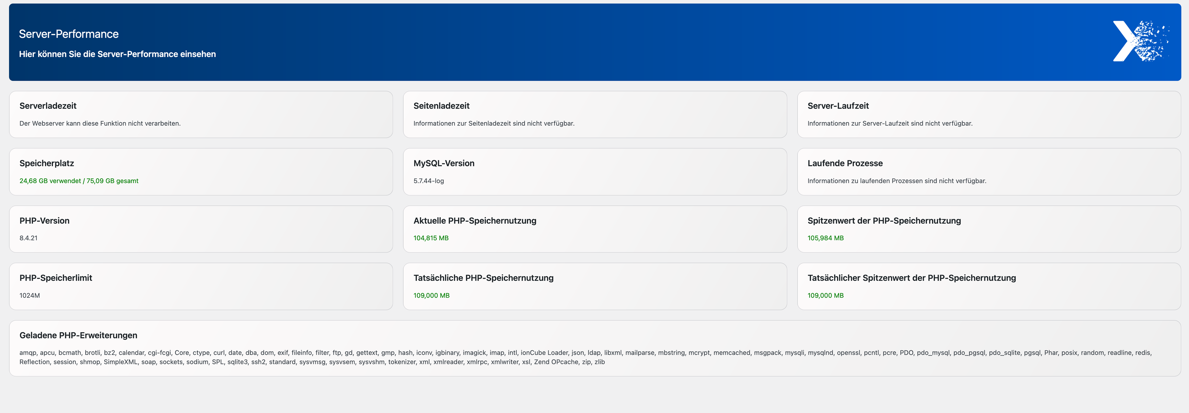Server Performance page with an overview of server configuration and performance information.