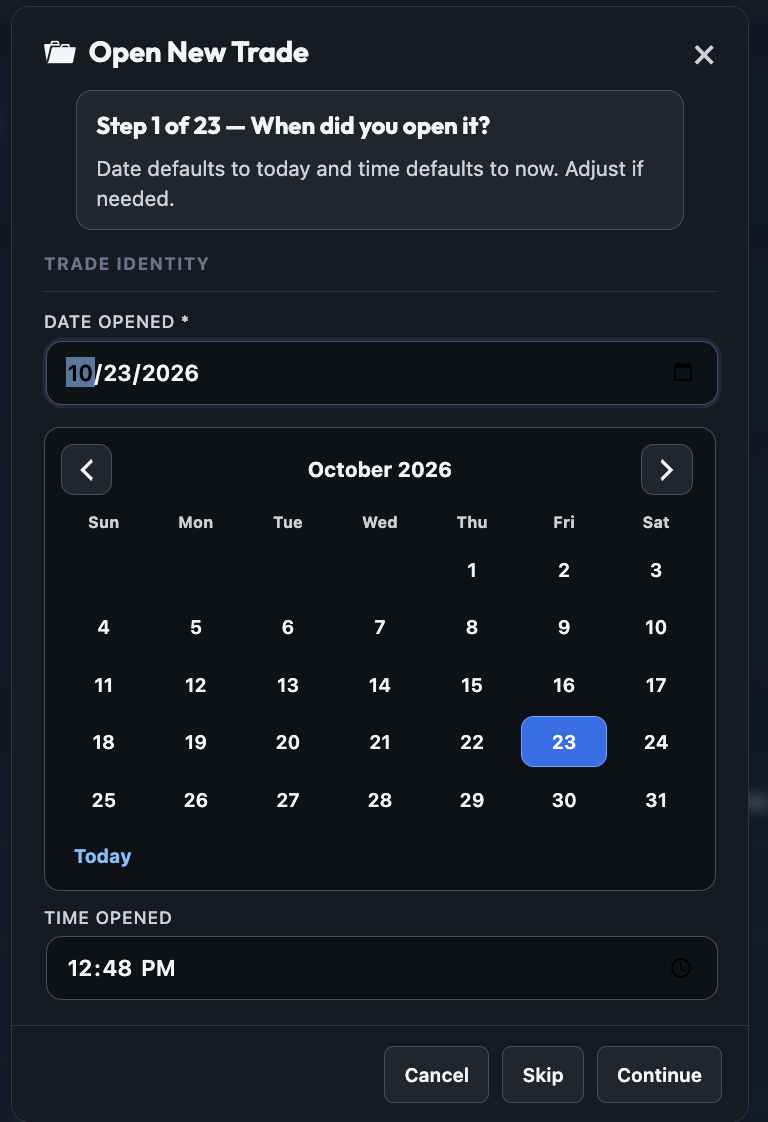 Open New Trade wizard for manual multi-leg entry.