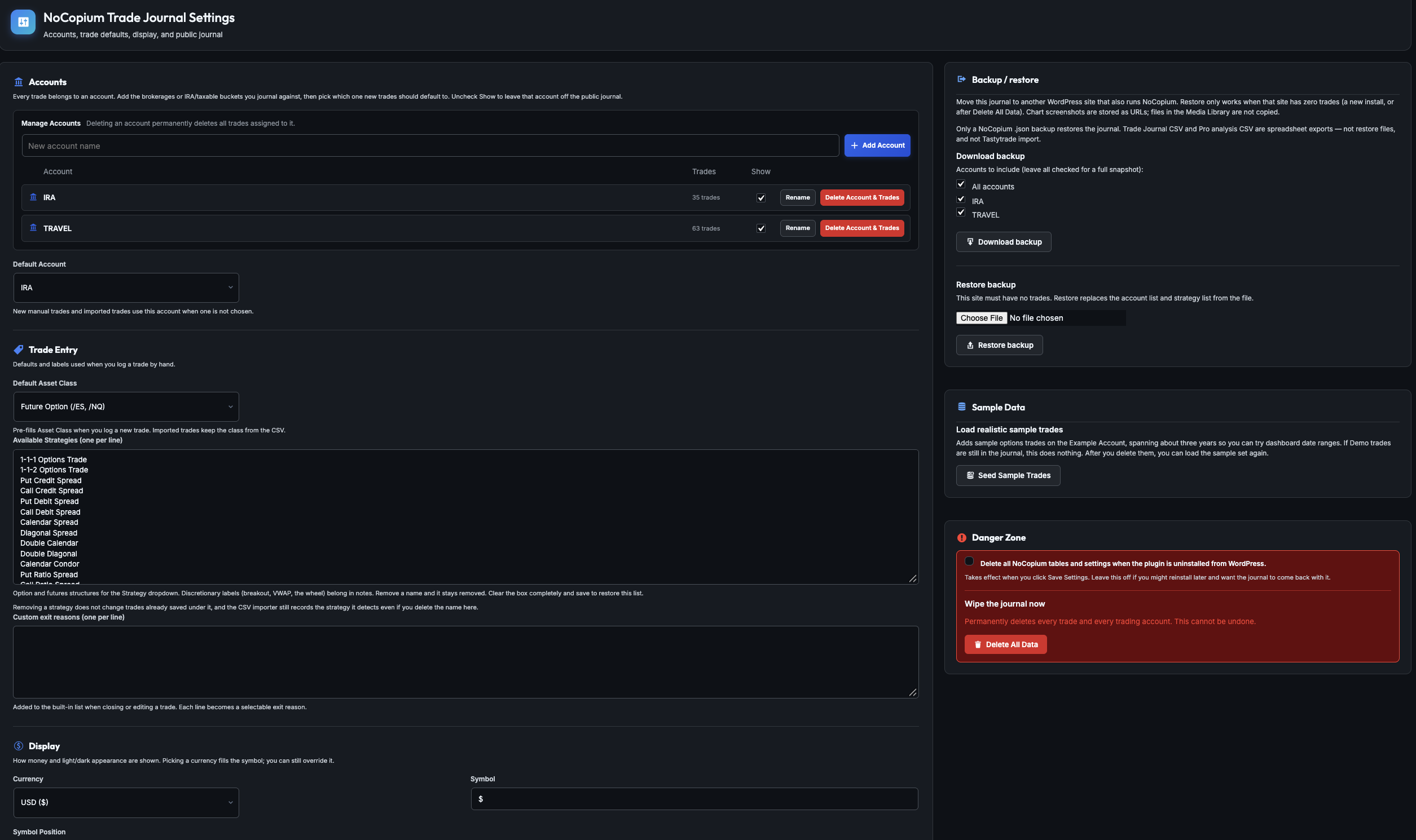 Settings — accounts, strategy list, backup/restore, and public journal.