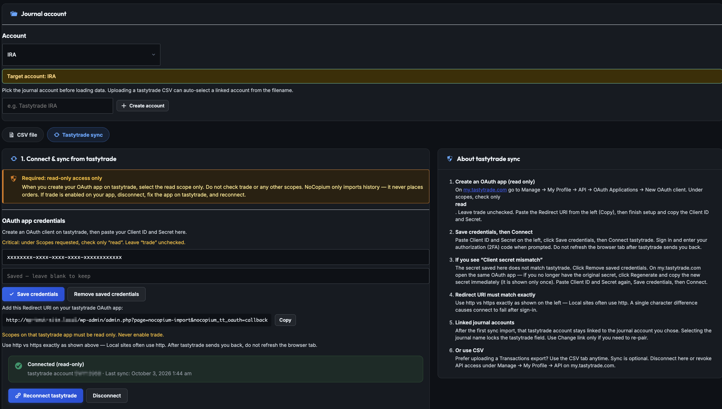 Tastytrade sync and import preview (NoCopium Pro add-on).