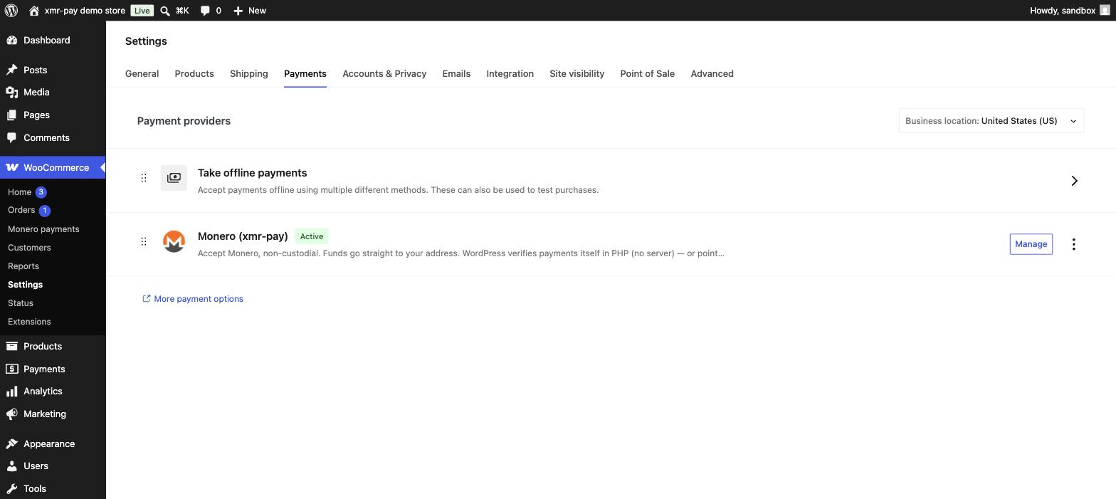 Monero enabled under WooCommerce, Settings, Payments.