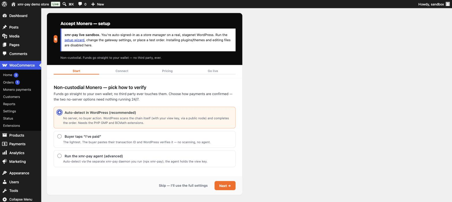 The setup wizard, choosing the recommended Auto detect mode.