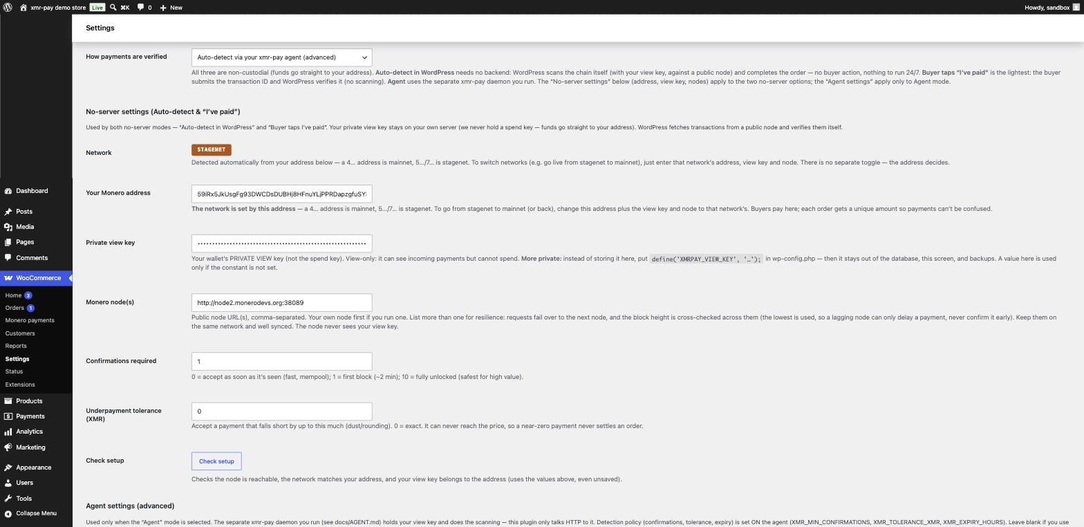 Your Monero address, view key and node, with Check setup confirming everything.