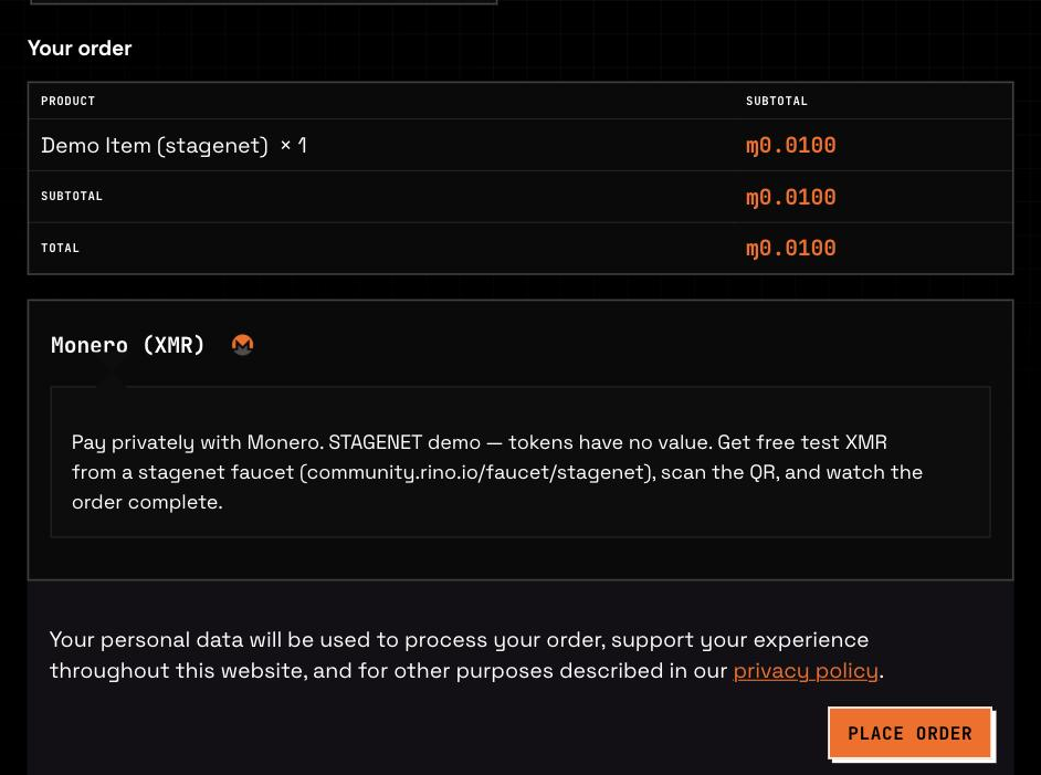 The Monero option at checkout, with your order summary.