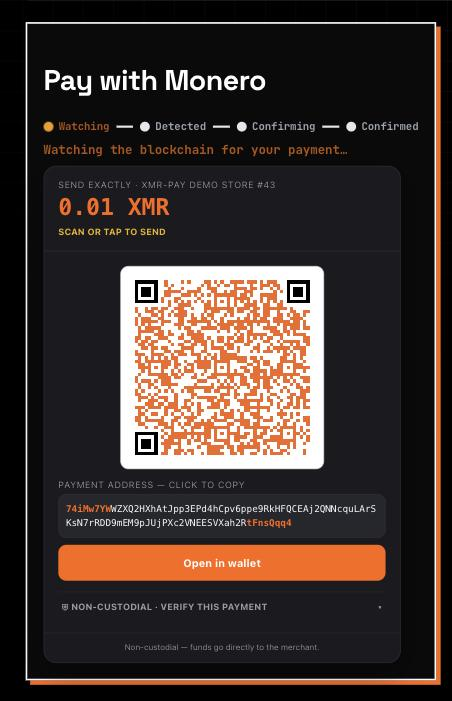 The order received page: live on-chain status and the payment QR.