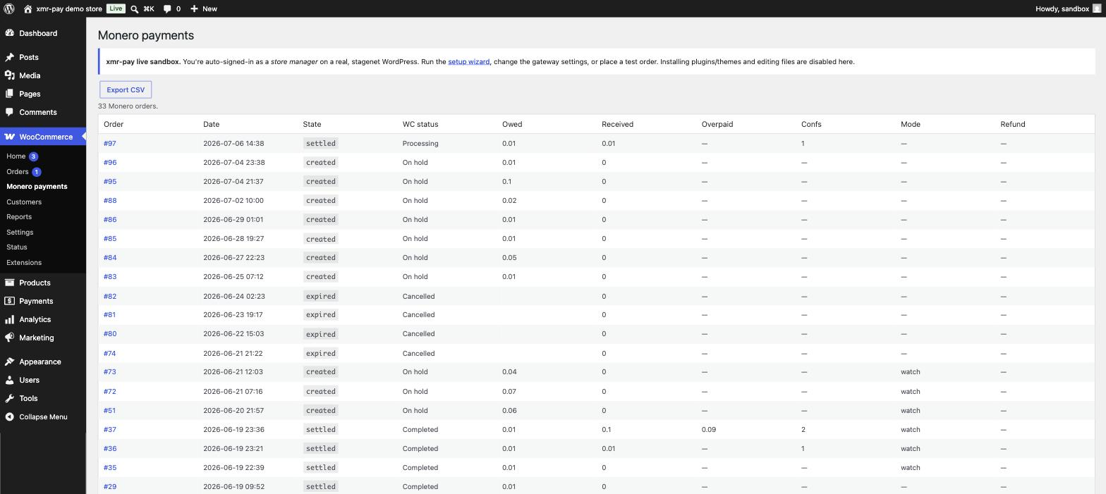 The Monero payments report, with amounts owed, received and confirmations.