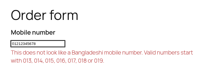 Numbers with an invalid operator prefix are flagged before the form is submitted.