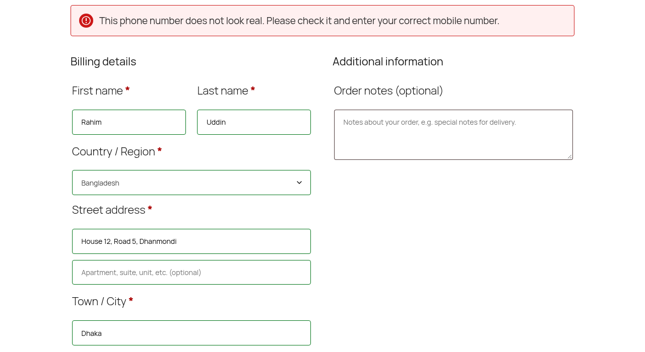 WooCommerce checkout stops an obviously fake number with a clear message.
