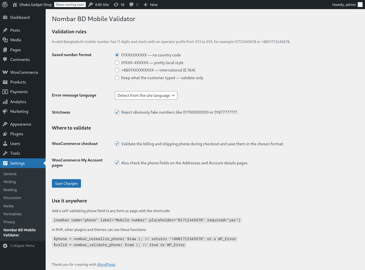 Settings page: saved number format, error language, strictness and where to validate.