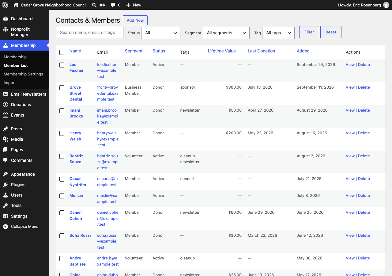 Contacts and members with filters, tags and lifetime value