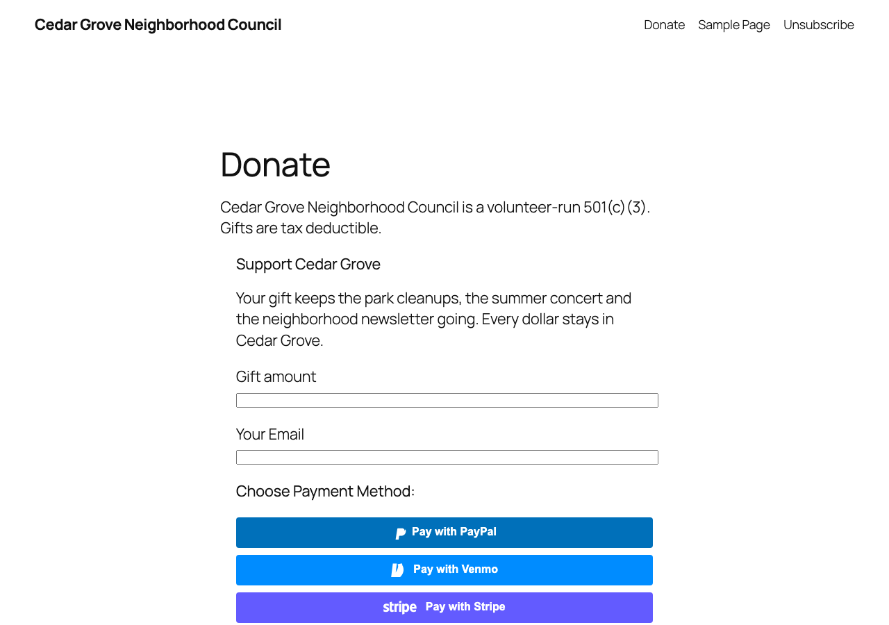 Donation form with PayPal, Venmo and Stripe