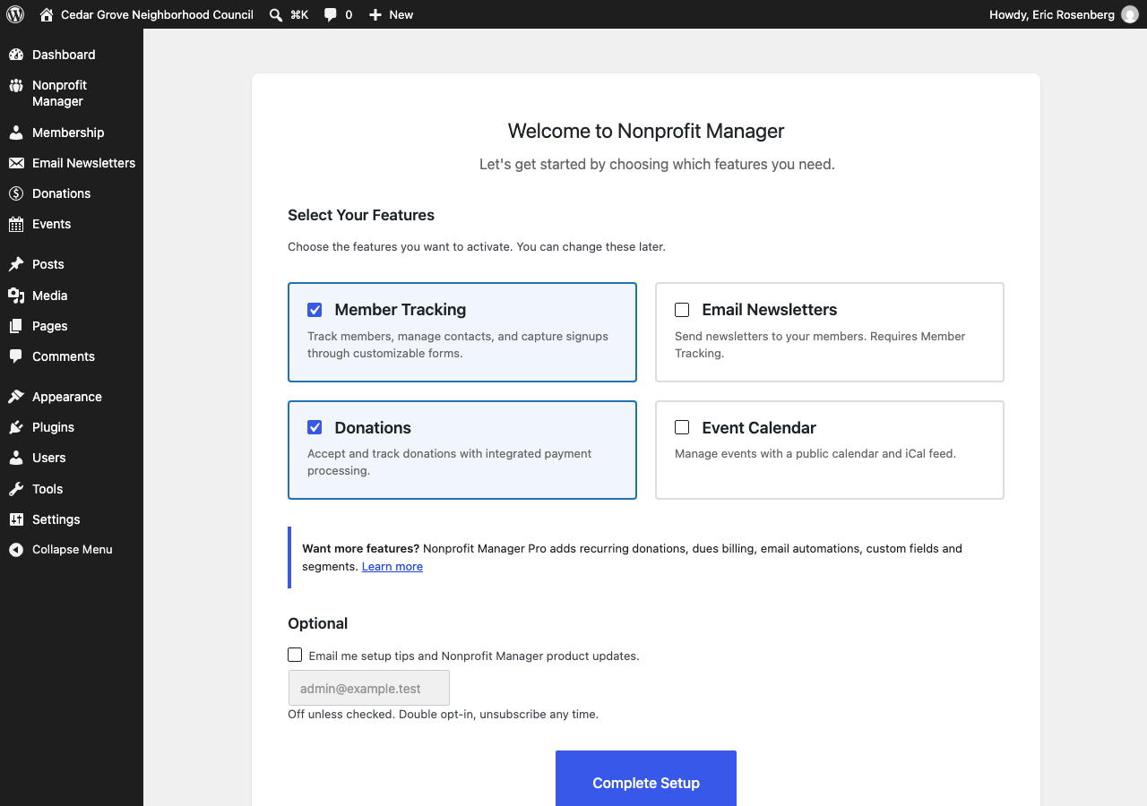 Setup wizard on first activation