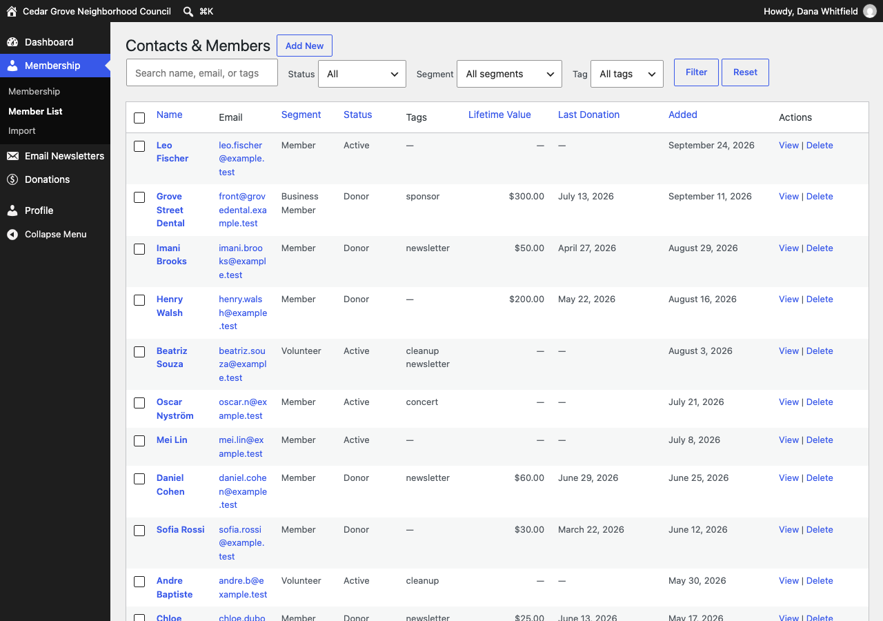 Membership Manager view: members, donations and newsletters, no settings