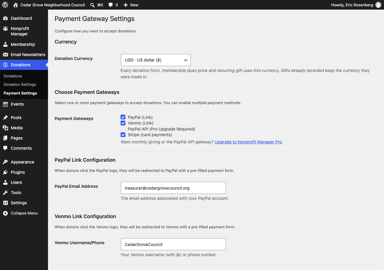 Payment settings with currency and gateways
