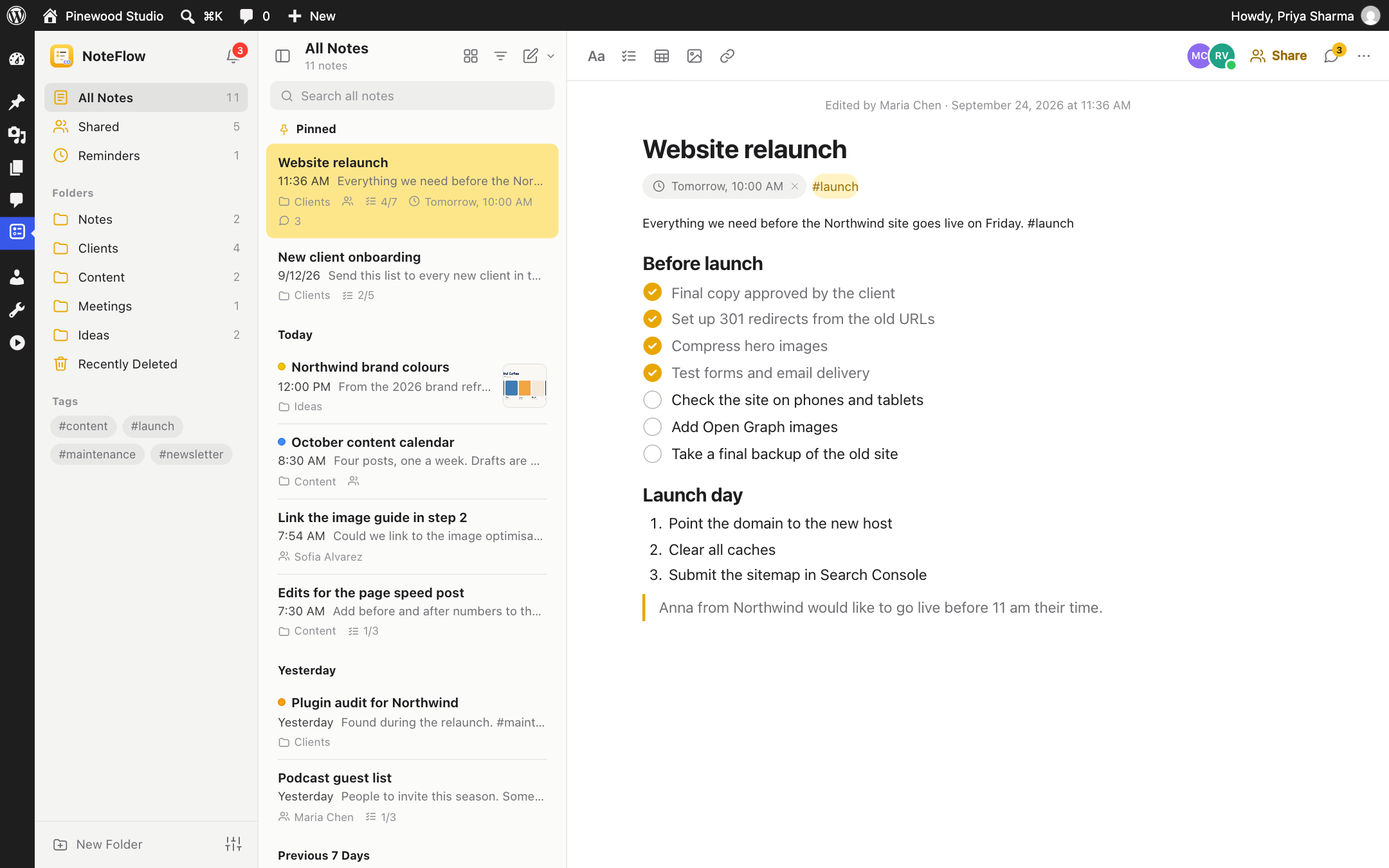 The notes app: folders, pinned notes, and a checklist shared with the team.