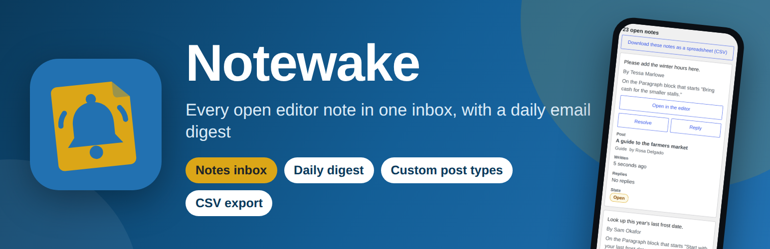 WordPress 外掛 Notewake – Editor Notes Inbox & Digest 的封面圖片