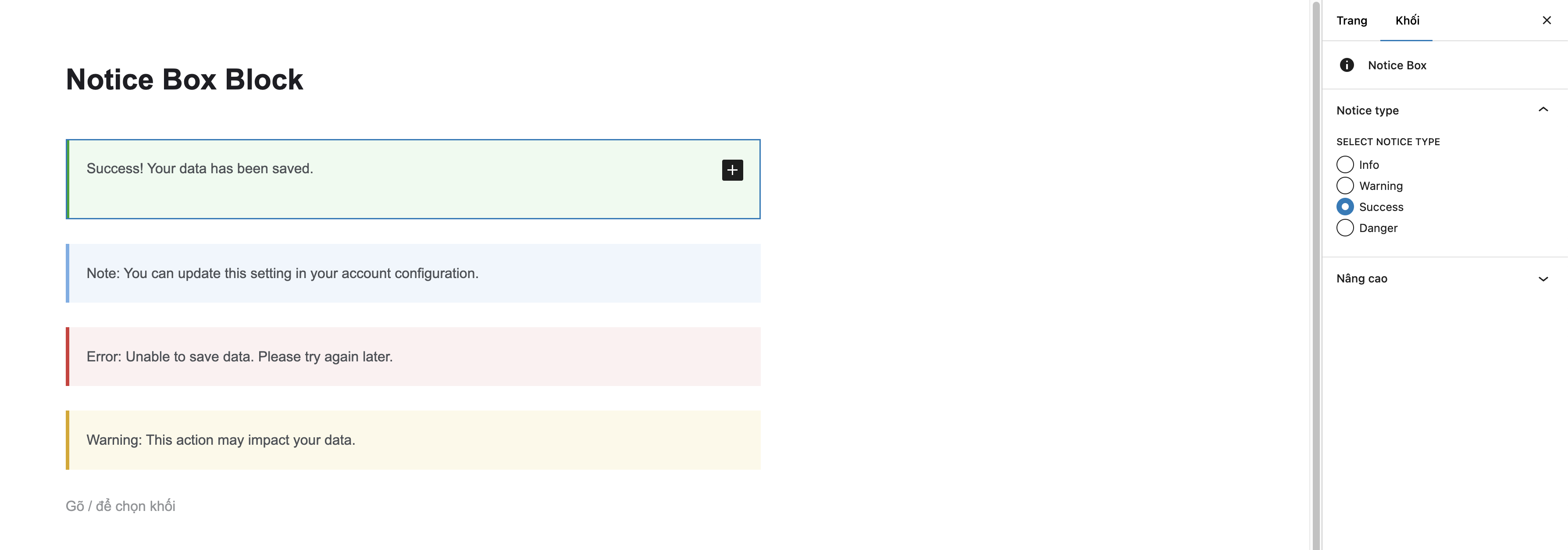 The Notice Box block in the Gutenberg editor.