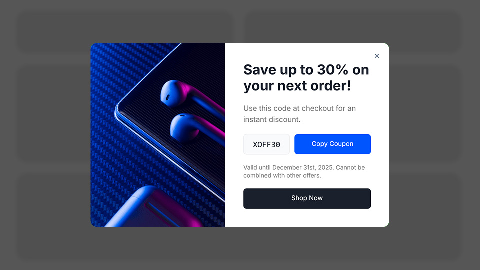 a Copy Coupon Code Pop-up that was created with Notifal and you can import it to your website from our library.