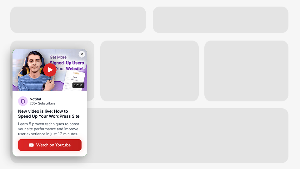 a New Youtube Video Announcement Floating Side Box that was created with Notifal and you can import it to your website from our library.