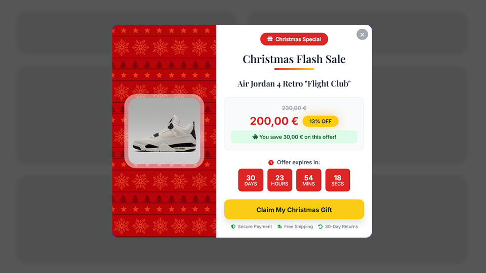 a Christmas themed Discounted Products Pop-up that was created with Notifal and you can import it to your website from our library.