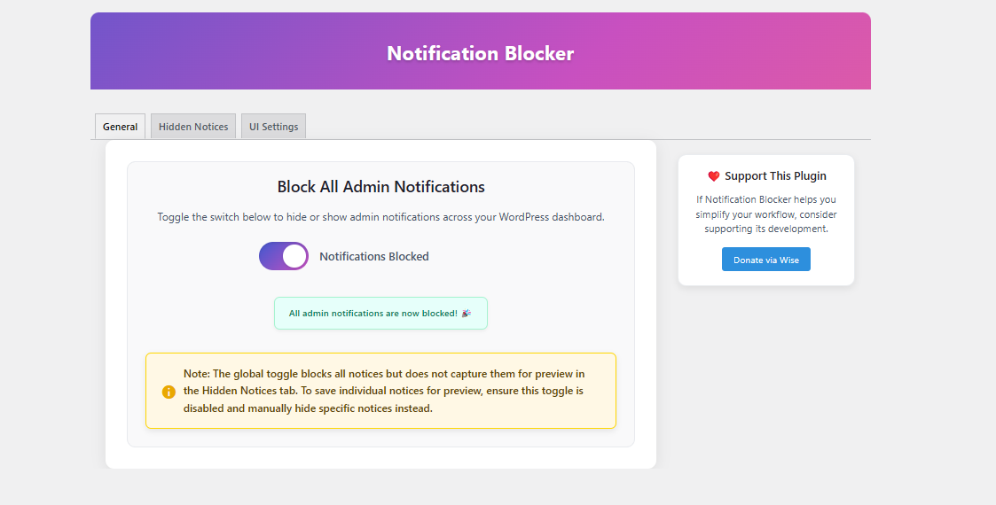 General tab with global toggle to block all notifications