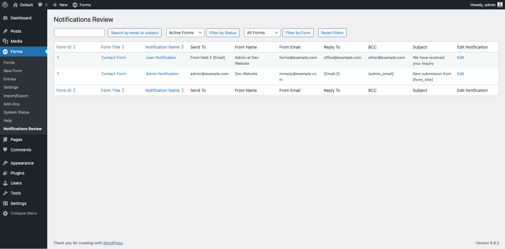 This is the default view of the notifications review table.