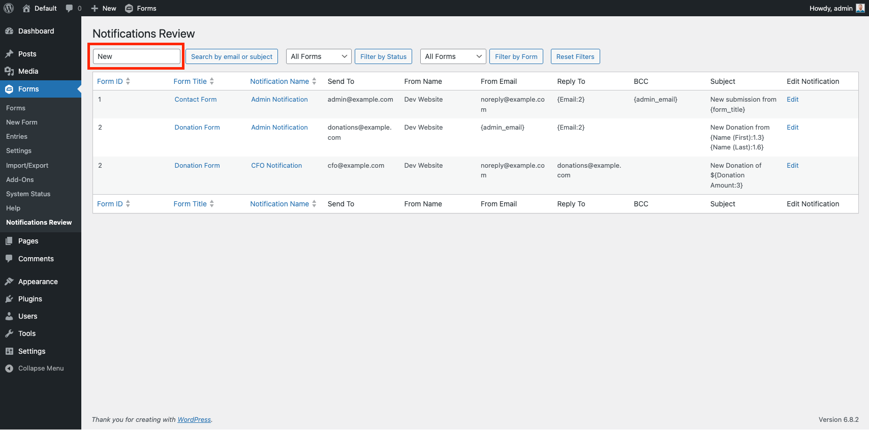 This is an example showing filtering the notifications by the keyword "New."