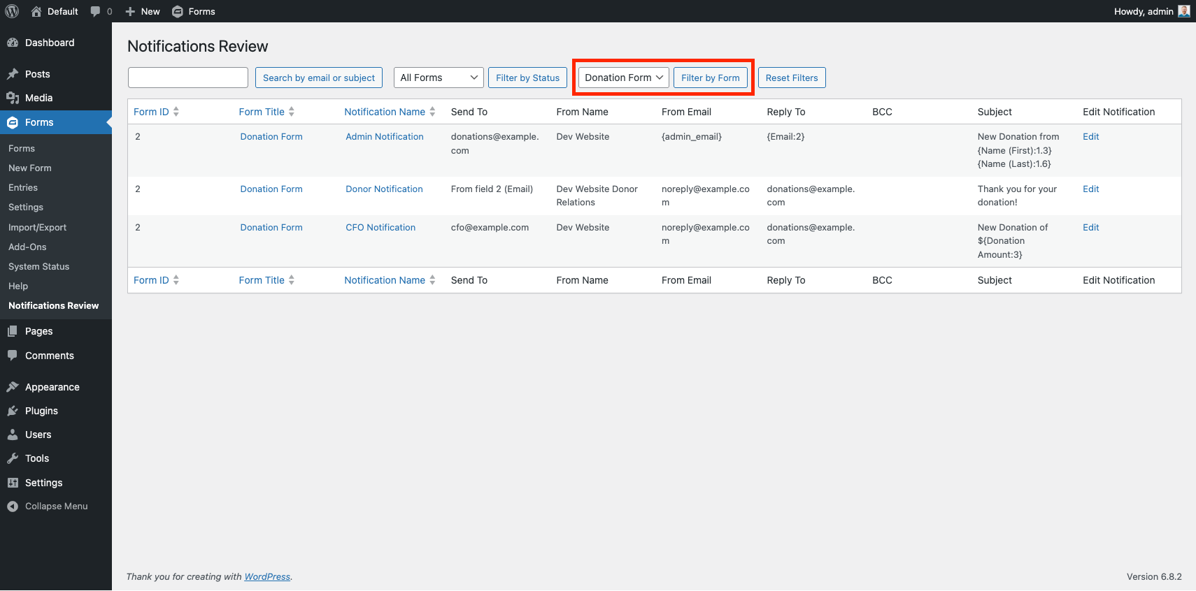 This is an example showing all notifications of a single form.