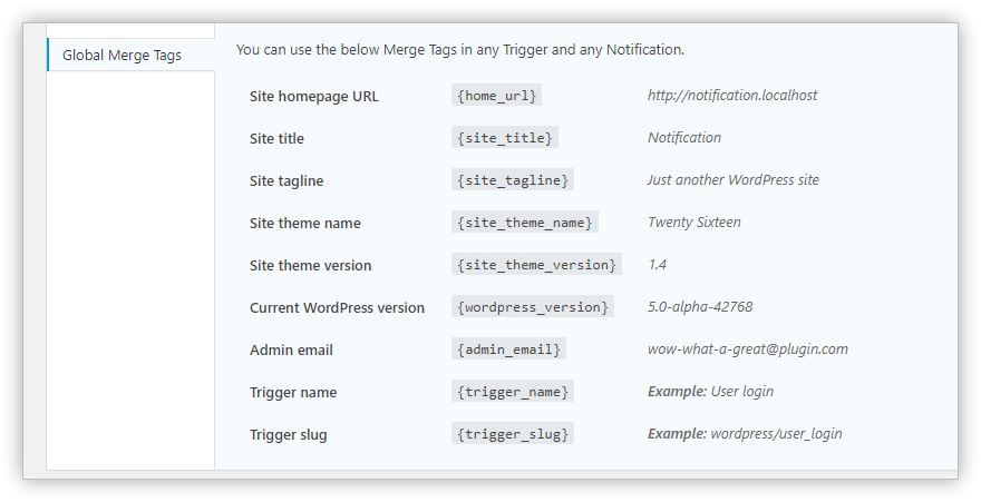 Help tab with global Merge Tags