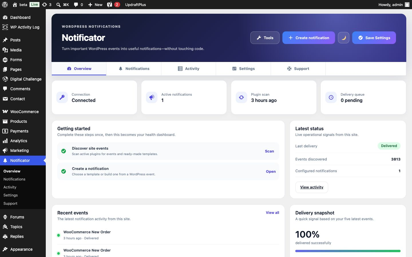 Overview with setup progress, delivery health, and recent events.