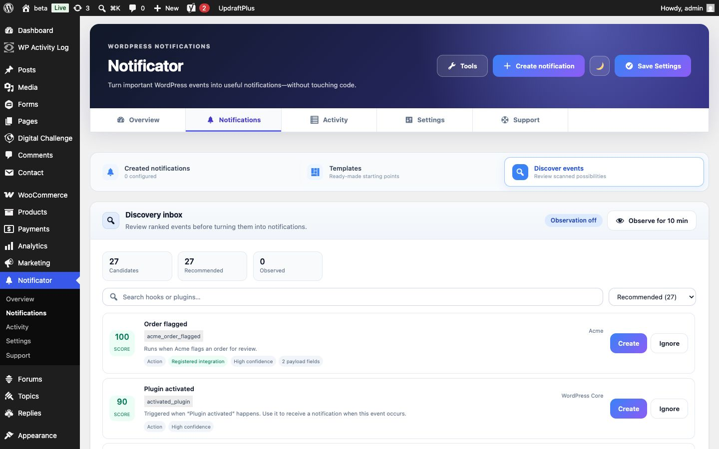 Discovery inbox with ranked events, plain-language descriptions, and quick creation.