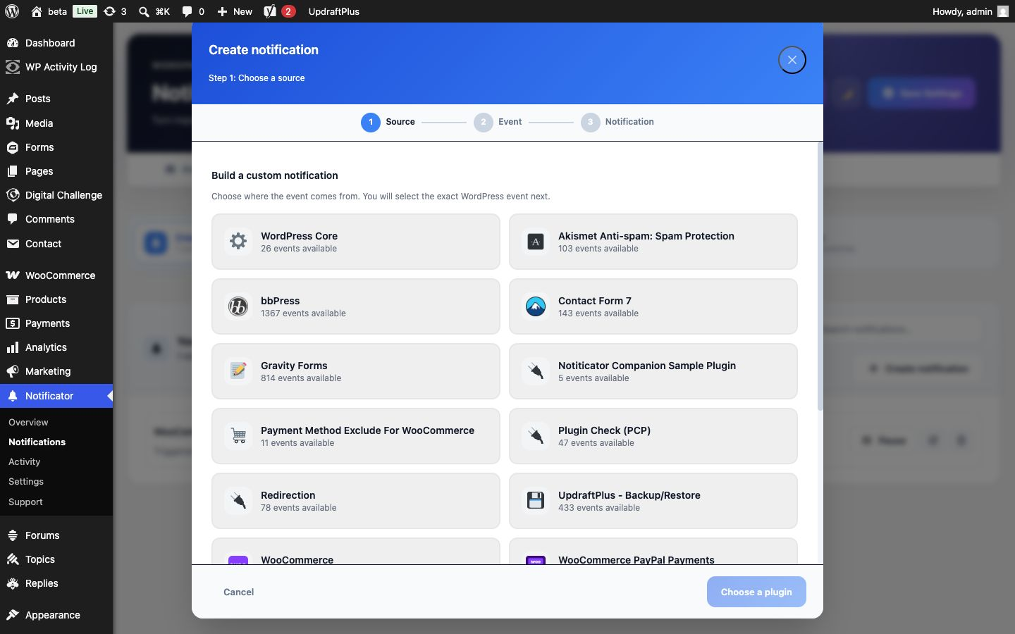 Guided notification editor for choosing a source, event, message, and delivery channels.