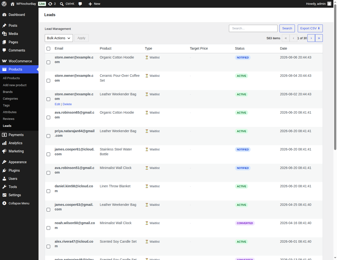 Lead Management — every waitlist signup in one WordPress-native table, with search, status filters, bulk actions and one-click CSV export.