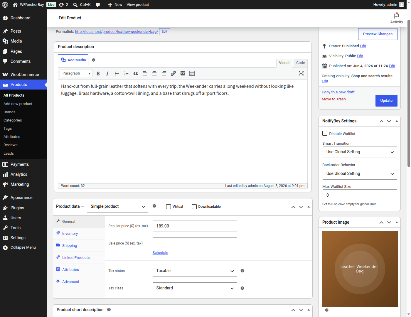 Per-product NotifyBay settings, including backorder behaviour and a maximum waitlist size.