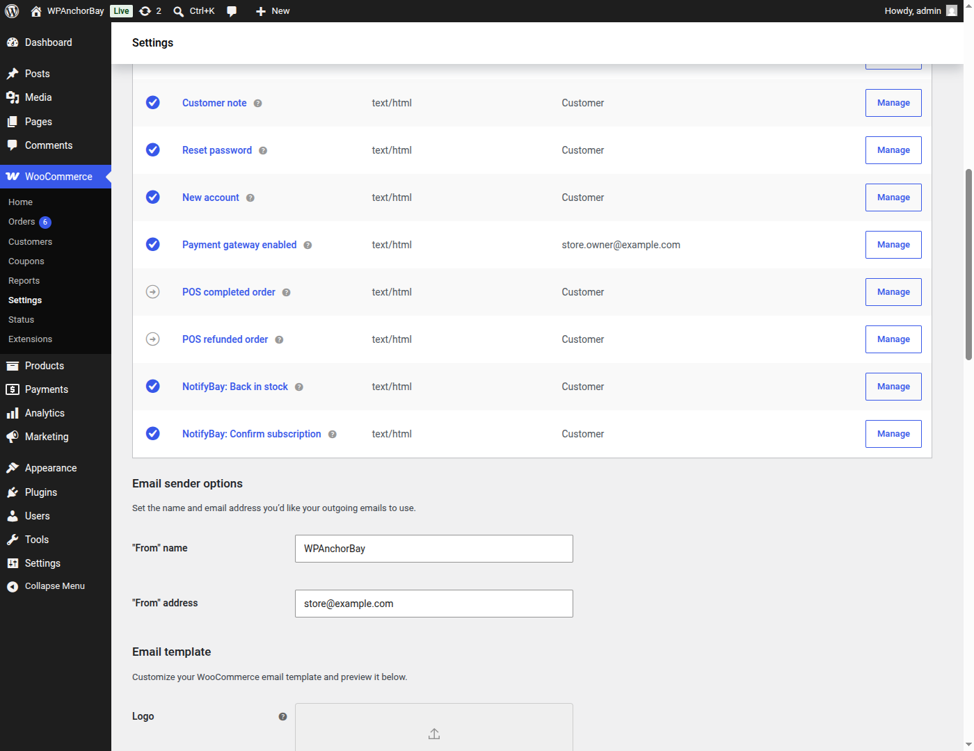 Restock and verification emails are native WooCommerce emails, editable under WooCommerce → Settings → Emails.