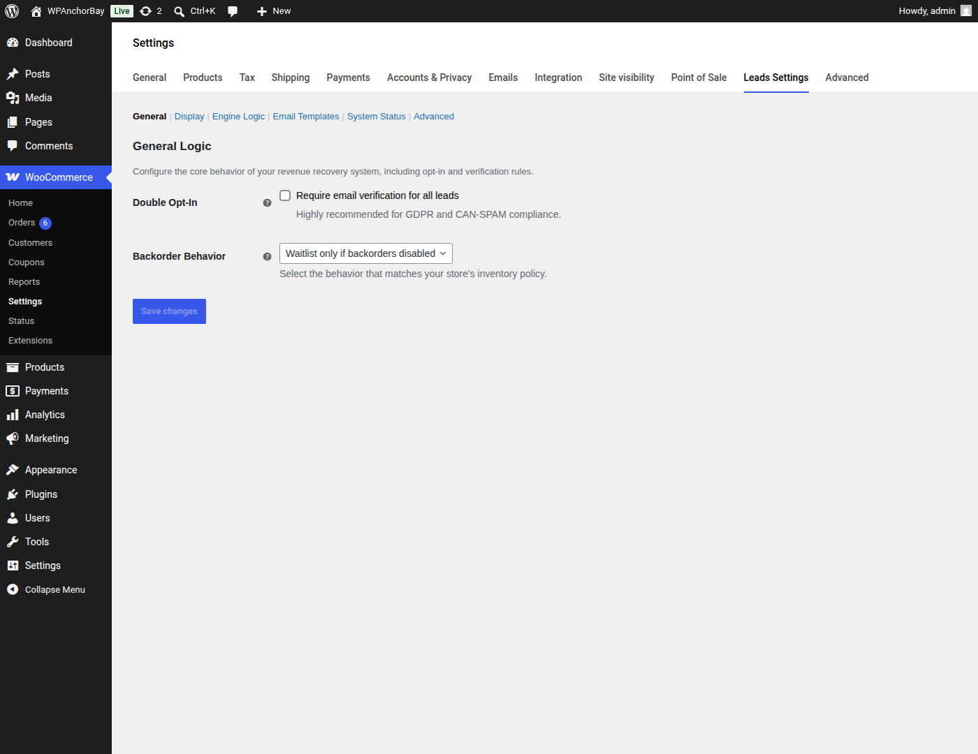 General — require email verification (double opt-in) before a signup counts, and decide how waitlists behave when backorders are allowed.