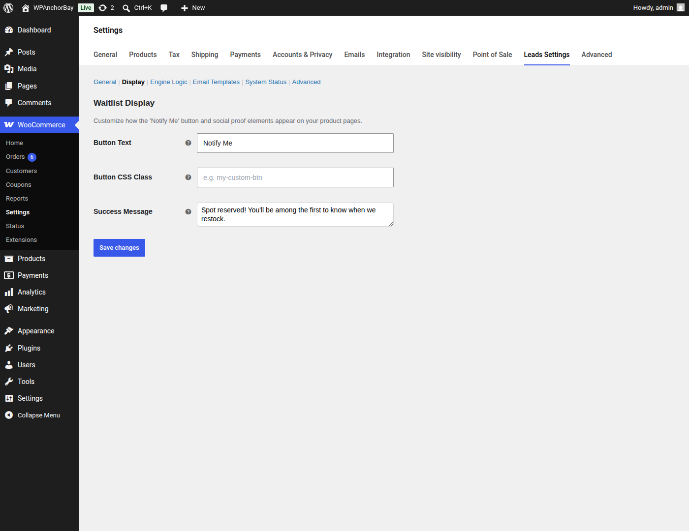 Display — set the button label, add your own CSS class, and write the confirmation message customers see after they sign up.