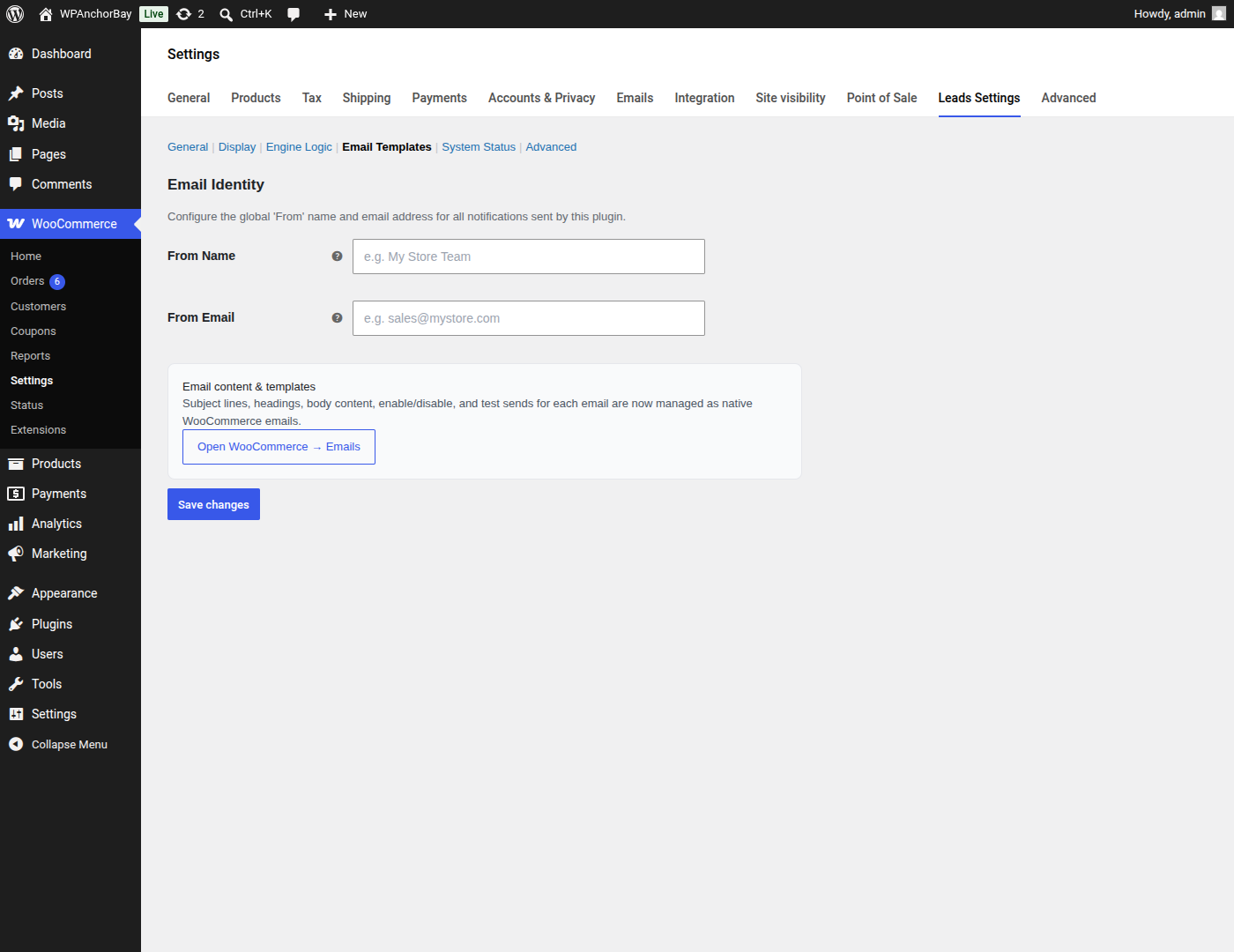 Email Templates — set the From name and address used for every notification; subject lines and content are managed as native WooCommerce emails.