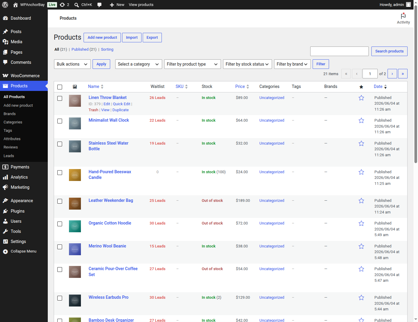 The Products list gains a Waitlist column showing pent-up demand for every product at a glance.