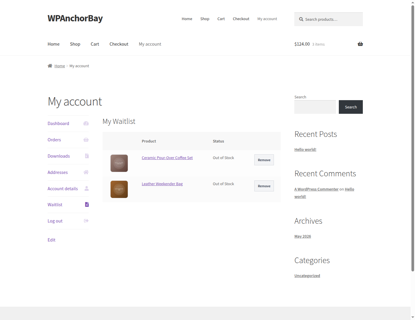 Customers manage their own subscriptions from a dedicated Waitlist tab in WooCommerce My Account.
