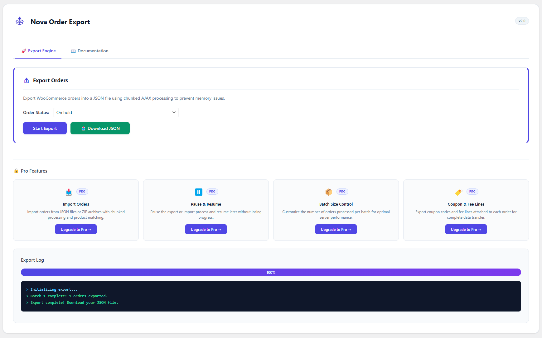 Export engine dashboard with status filter and progress tracking.