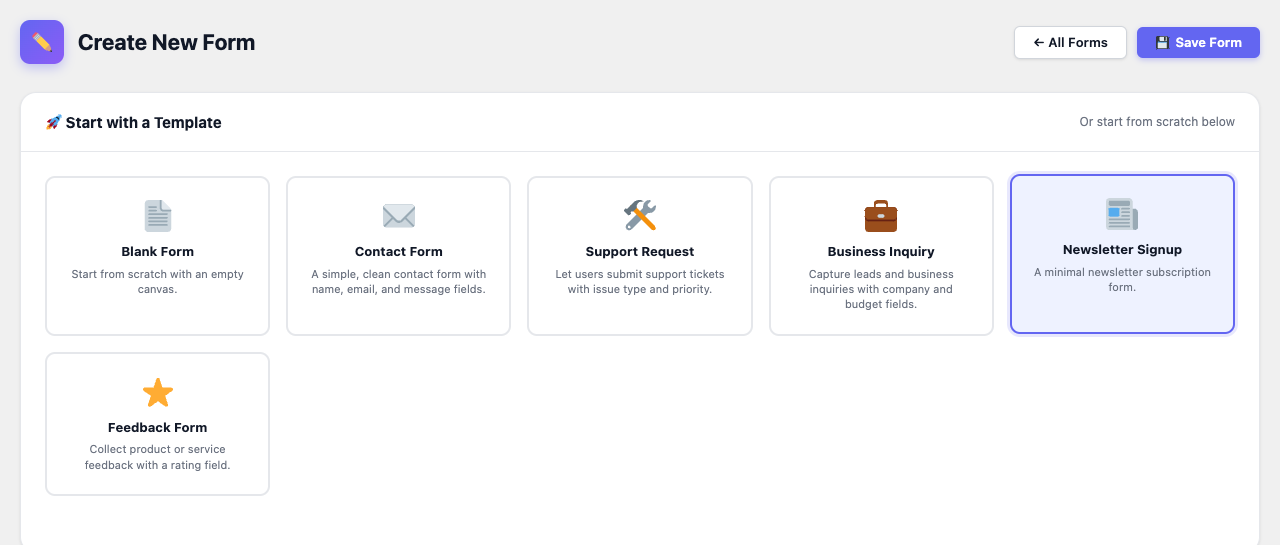 Six starter templates: Contact, Support Request, Business Inquiry, Newsletter, Feedback and Blank.