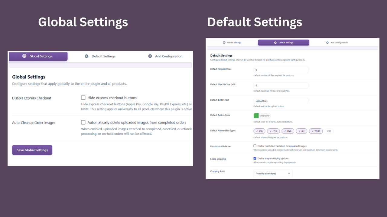 Global Settings and Default Settings in the admin area